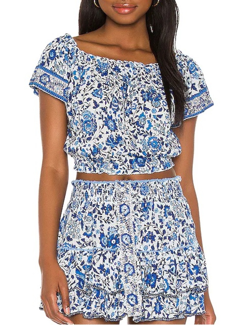 Poupette St Barth Camilla Floral off-shoulder Top Smocked Blue White Paisley Sm